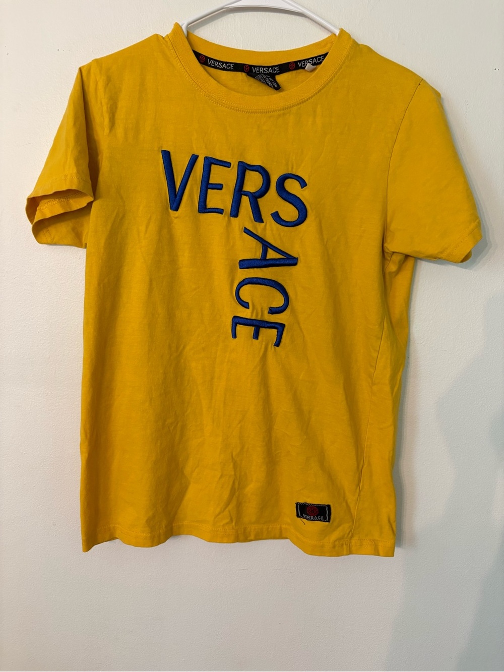 Versace Yellow Short Sleeve Logo Tee with Blue Embroidery